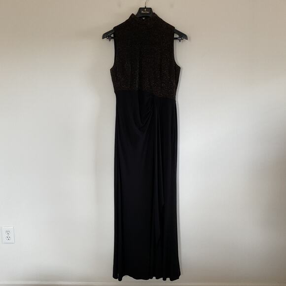 Lauren Ralph Lauren Black Gold Metallic Embellished Glittery Ruffle Dress Sz 12 - Picture 2 of 16